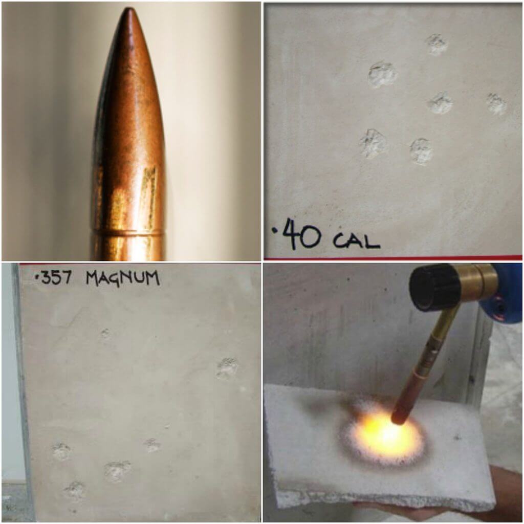 A photo collage of weapons and the damage BallistiCrete can withstand.