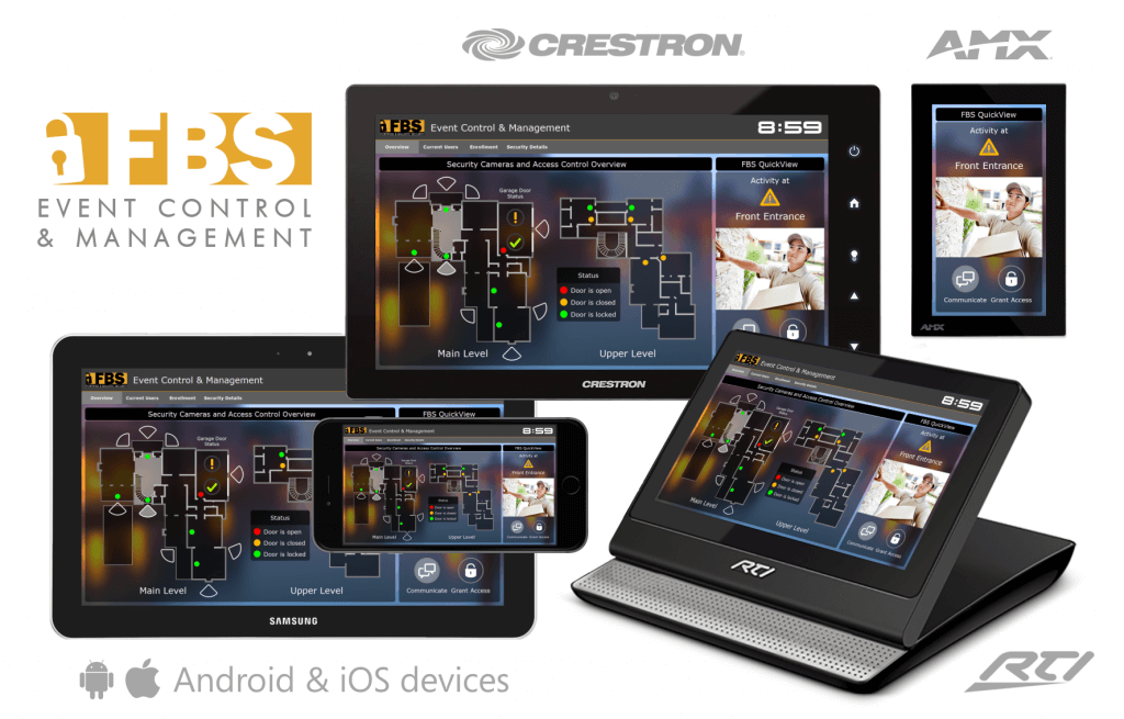 An image featuring tablets and smartphones displaying the FBS Sanctuary Management System and how it can be incorporated into home security systems.