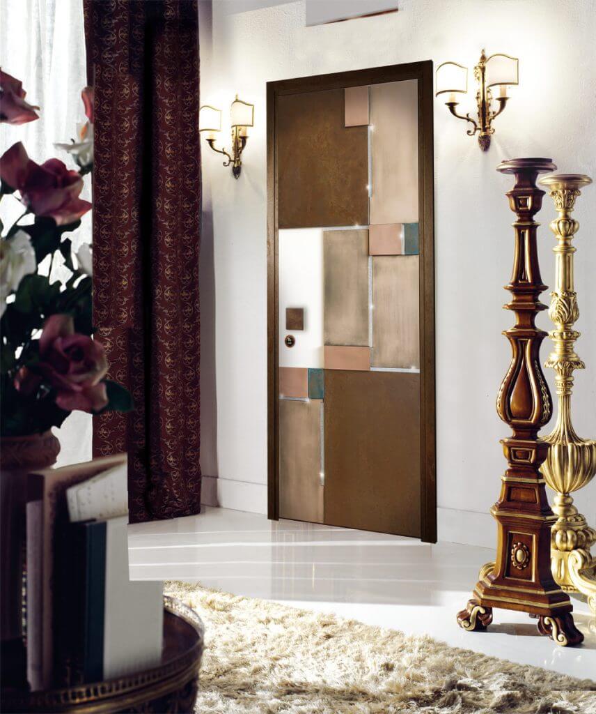 A photo of a bedroom home security door made with precious stones and metals.