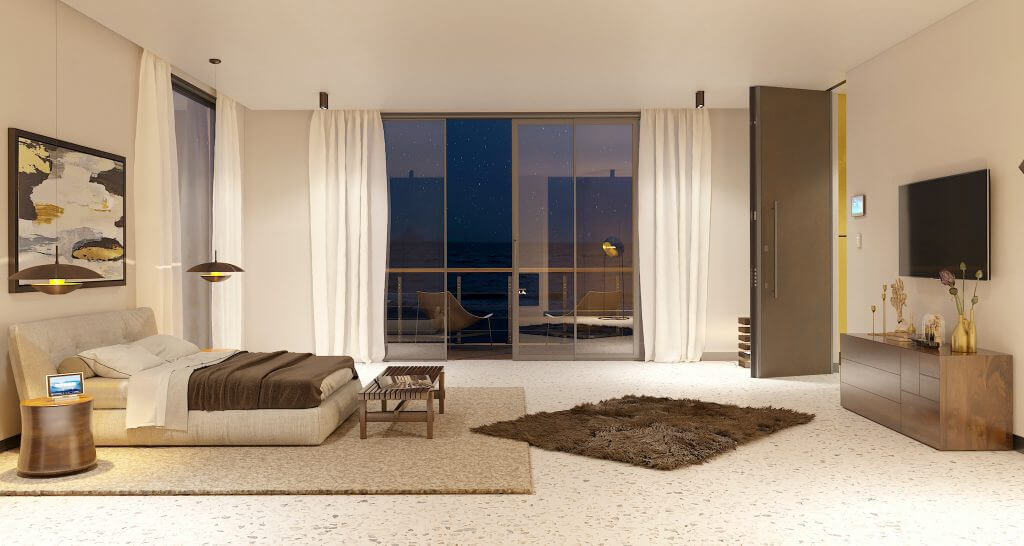 A photo of a spacious master bedroom in a luxury home with a balcony and a custom security door.