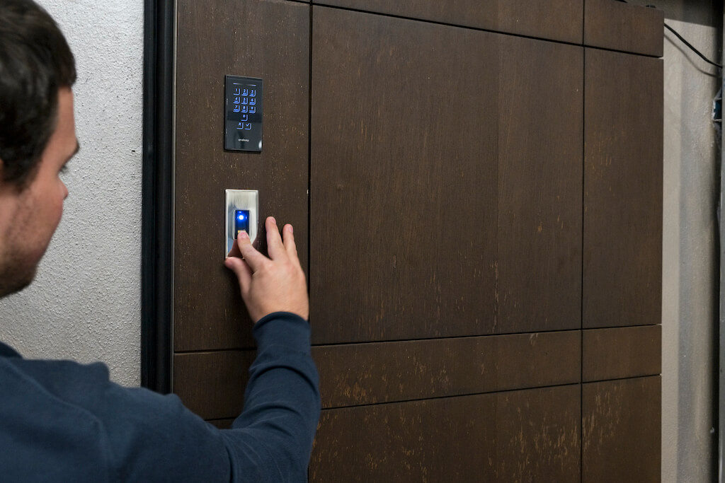A photo of a custom security door with a hidden compartment built-in with biometric access.